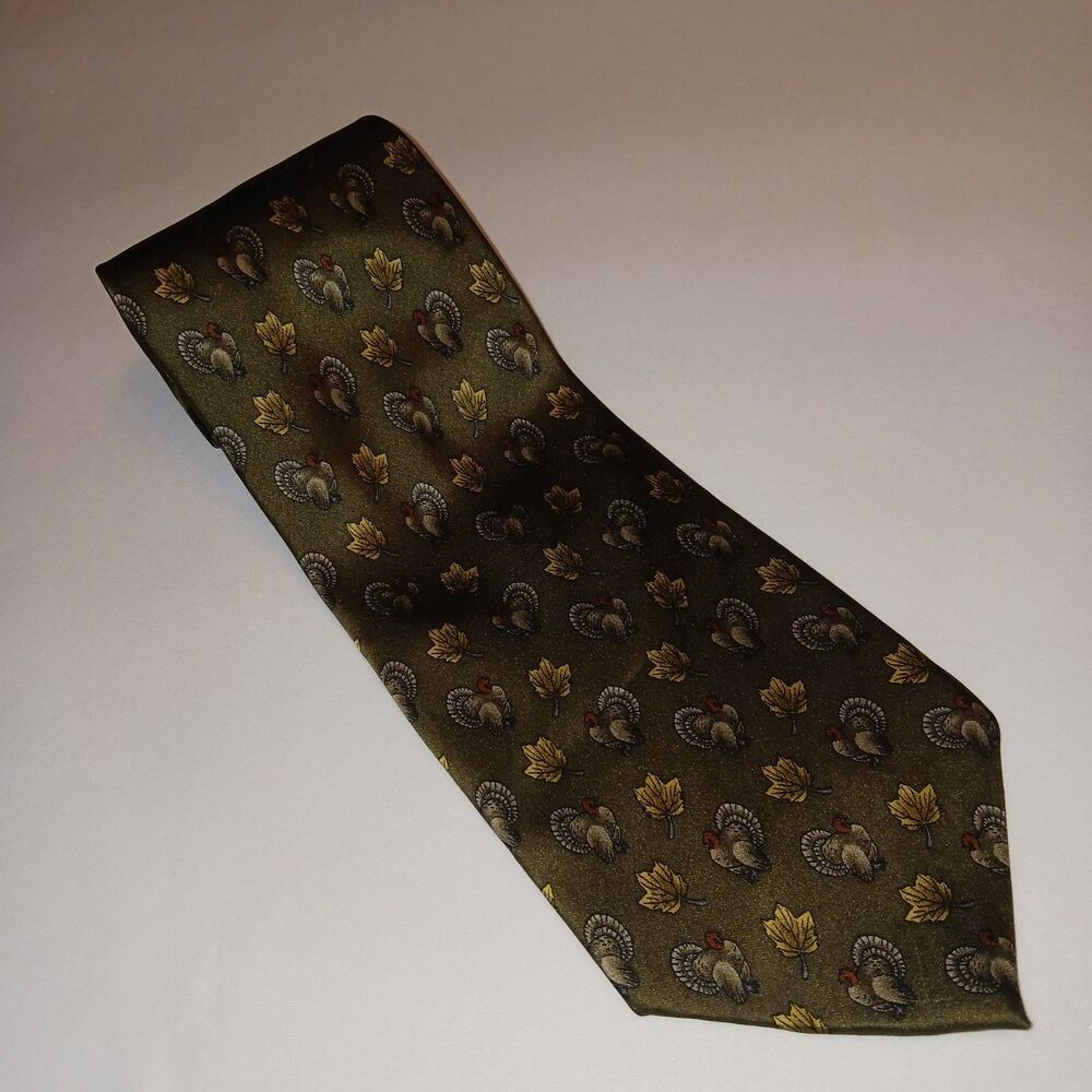 Ocellated Turkey Tie Olive Brown  Necktie Leaves Turkeys Hunting Thanksgiving